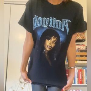Black Aaliyah shirt with blue 90s style graphic